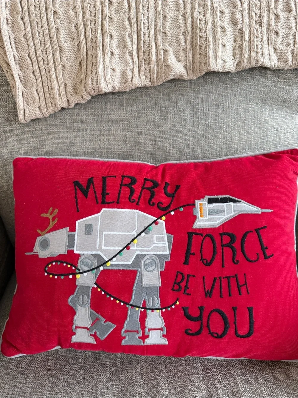 Pottery Barn Teen Red Holiday Pillow with AT-AT Embroidery